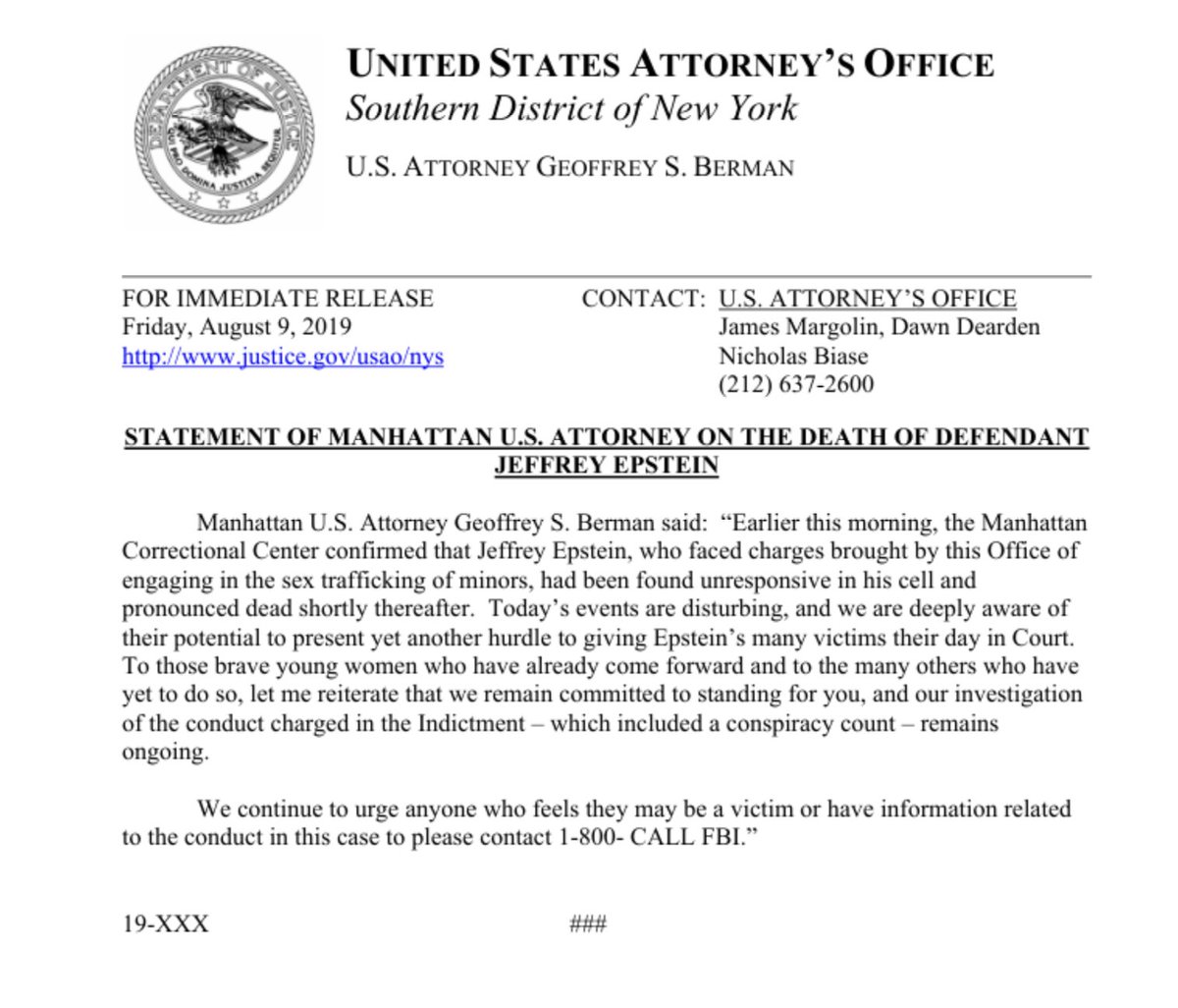 AaronParnas's tweet image. According to official records, Jeffrey Epstein died on August 10th. 

This press release is dated August 9th. 

Full: justice.gov/epstein/files/…