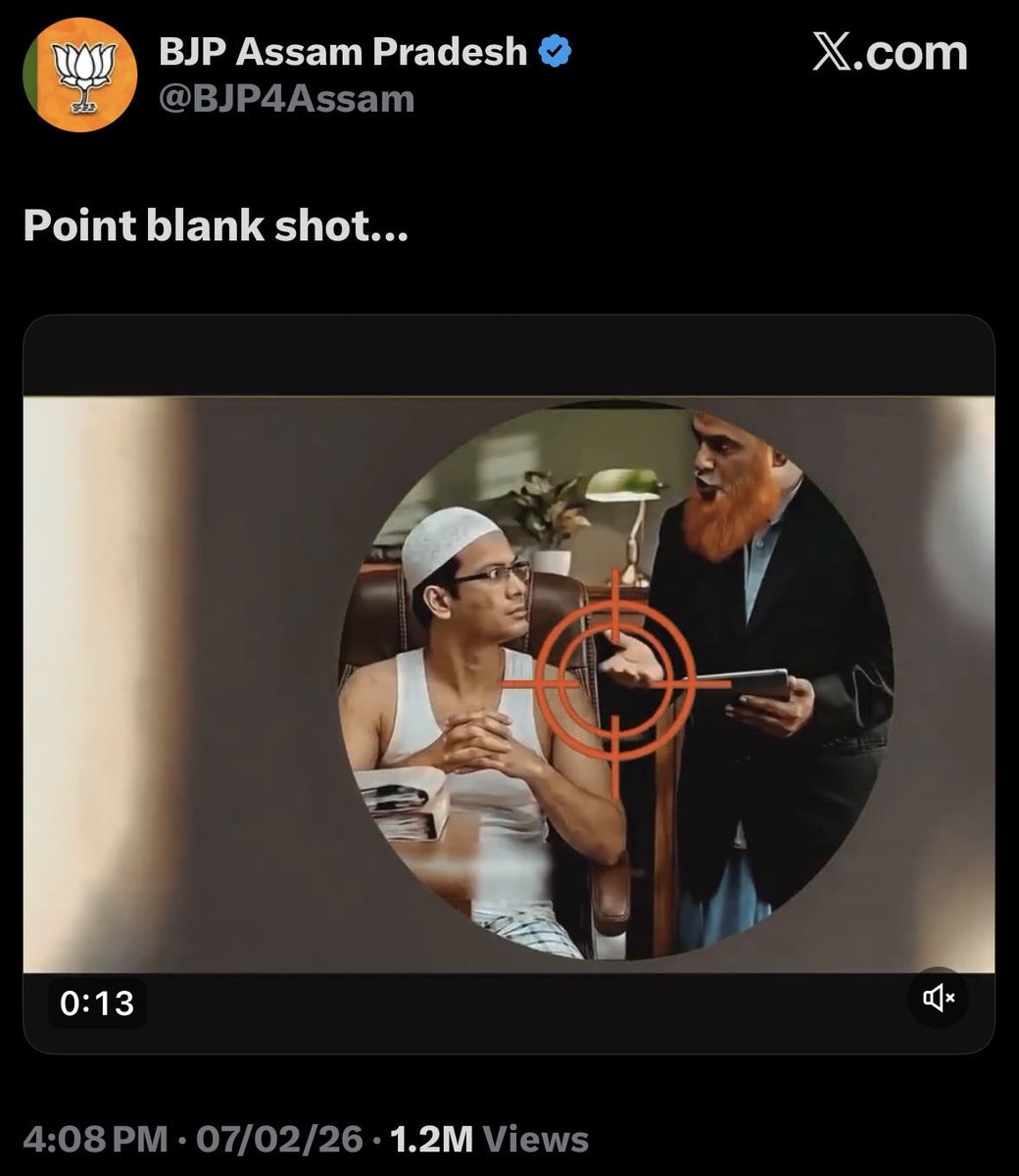 The Assam BJP posted a video, showing their CM shooting at Muslims wearing skull caps with crosshairs on their heads. Caption: “Point blank shot…” 

This isn’t dog-whistling anymore. This is open incitement to genocide.

Article 19(2) doesn’t protect hate speech that incites