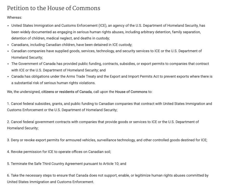 ICE out of Canada and no Canadian support for ICE. Sign Canadian MP Heather McPherson's petition to ban funding to Canadian companies working with ICE, ban goods destined to ICE and revoke permission for ICE in Canada. I signed. <a href="/HMcPhersonNDP/">Heather McPherson</a>
ourcommons.ca/petitions/en/P…