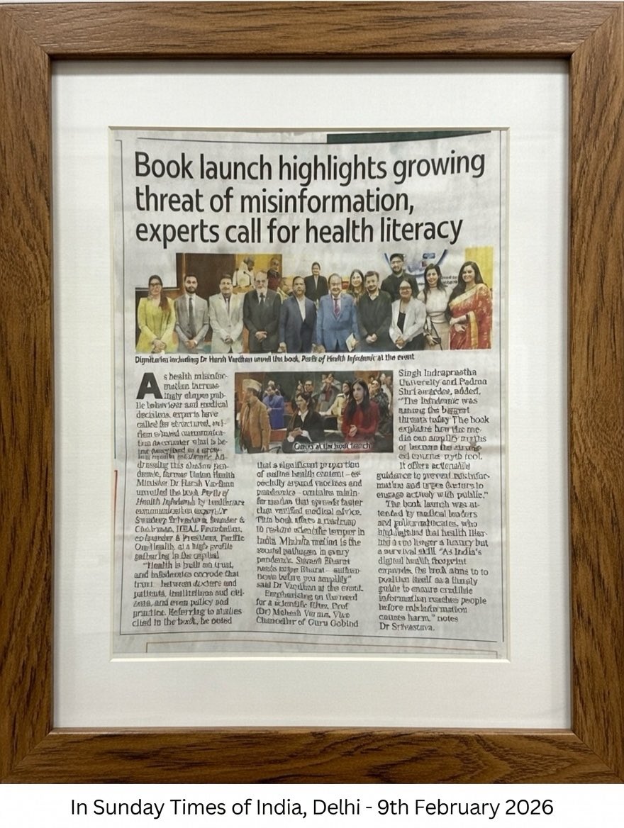 SWADEEP's tweet photo. My Book Perils of Health Infodemic LAUNCH event covered - In Sunday Times of India, Delhi - 9th February2026
#Health #Infodemic #tackling #misinformation @healfoundation1 @drharshvardhan  @docanoopmisra  @MIB_India @MoHFW_INDIA https://t.co/rRe8GpeiSU