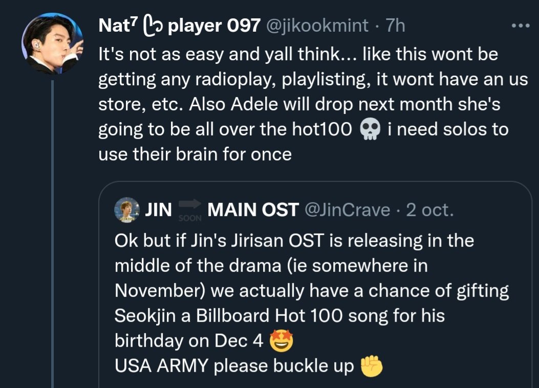 SeokJin_Kary's tweet image. This is so funny 😂😂 Every big acc reported as anti-Jin is exposed by the same OT7 who followed them

The one who incited the lack of ARMY support for Yours to reach the Hot 100 under the premise of impossible goals, which 3 Doritos later became possible for another member😅