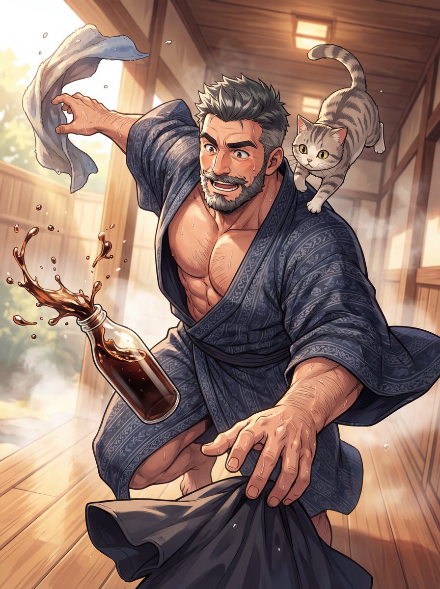 Had to archive the first pic (too spicy 🌶️), so here's the "wholesome" version. Trying to look cool, but the cat chose violence today. 🤷‍♂️☕️
本來想帥氣地喝杯咖啡，結果貓皇跳上來就悲劇了... 

#AIart #digitalillustration
