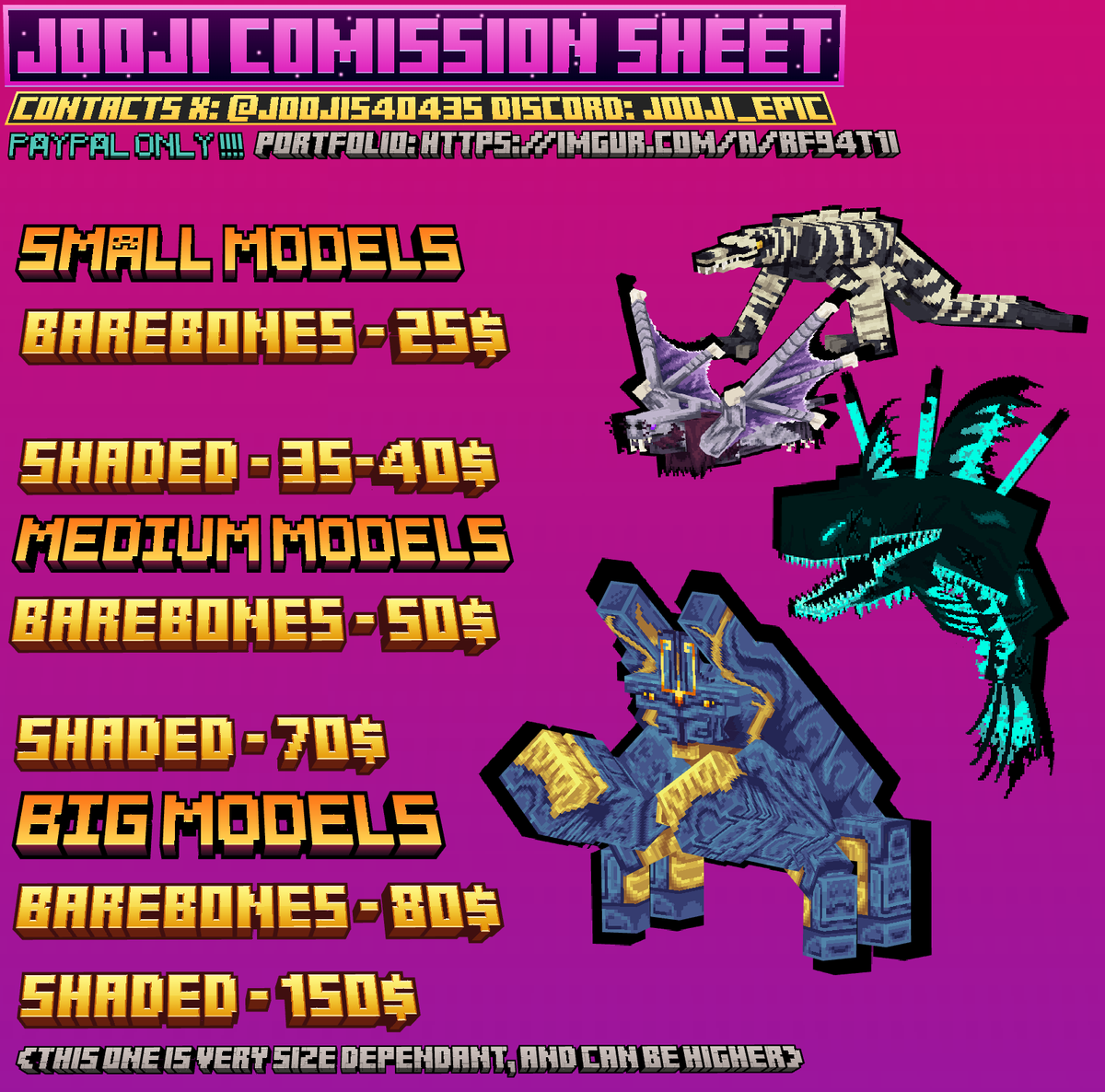 Hey! New comission sheet! some new prices and a portfolio where i will update with every new model i make!

I would prefer if you hit me up on discord if interested 
imgur.com/a/RF94t1I