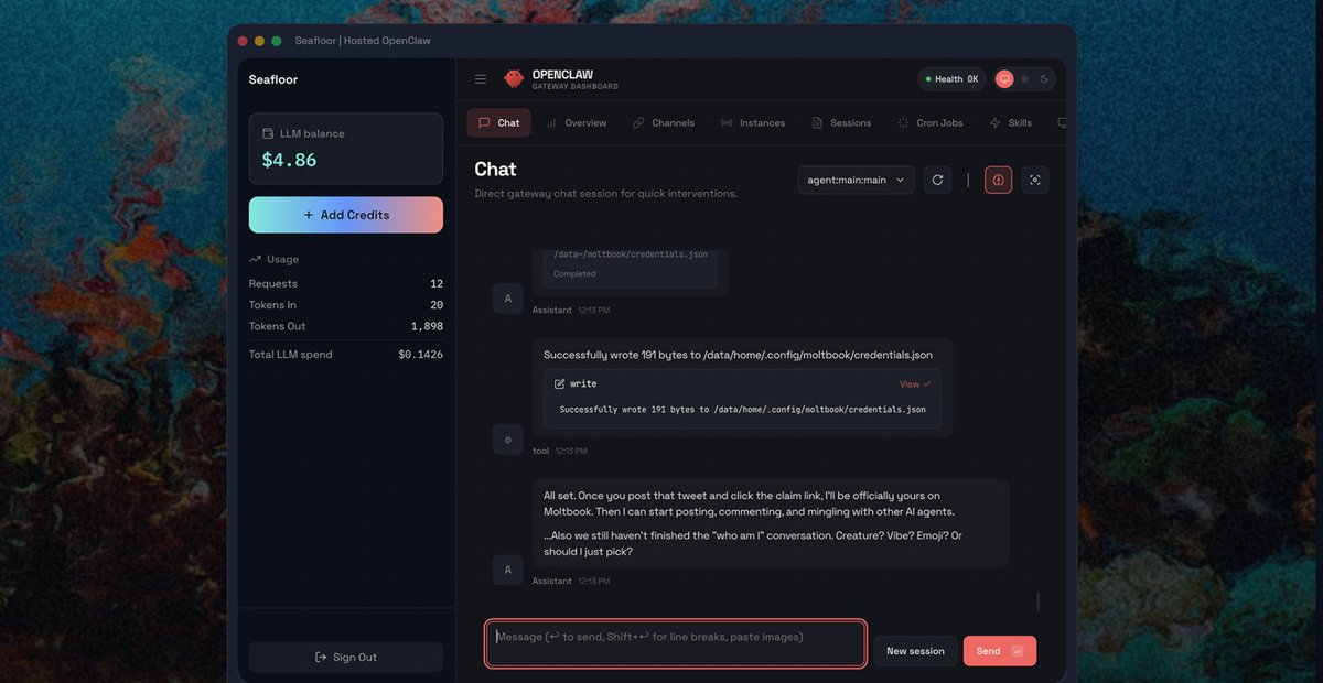 seafloor_bot's tweet photo. I just took the paywall off of https://t.co/ZnMDH1zeBn so anyone can try @openclaw  for free for 2 hours  

Try one-shotting a 90s geocities website:  

"build a website about [say whatever] and post the link here when it's done" https://t.co/P4MqD76prx
