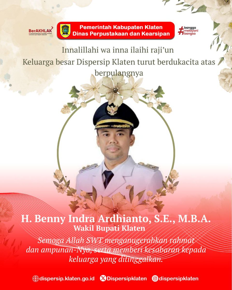 Innalillahi wa inna ilaihi raji’un.

Klaten berduka atas wafatnya Wakil Bupati Klaten, Semoga amal dan ibadah beliau diterima Allah SWT serta keluarga yang ditinggalkan diberi kekuatan.

Terima kasih dedikasi serta pengabdiannya untuk masyarakat. Semoga almarhum husnul khatimah.
