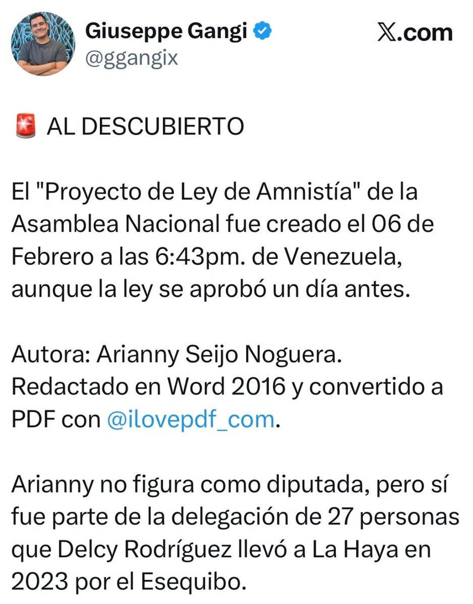 El amigo <a href="/ggangix/">Giuseppe Gangi</a> le quito la careta a <a href="/jorgerpsuv/">Jorge Rodríguez</a> <a href="/AsambleaVE/">Asamblea Nacional</a>

La LEY de AMNISTÍA nunca existió en el momento de su discusión <a href="/MariaCorinaYA/">María Corina Machado</a> <a href="/SecRubio/">Secretary Marco Rubio</a>
<a href="/usembassyve/">Embajada de los EE.UU., Venezuela</a> esto es preocupante 

TODOS en la <a href="/AsambleaVE/">Asamblea Nacional</a> son COPARTICIPE de la ESTAFA de leyes vacías y viciadas