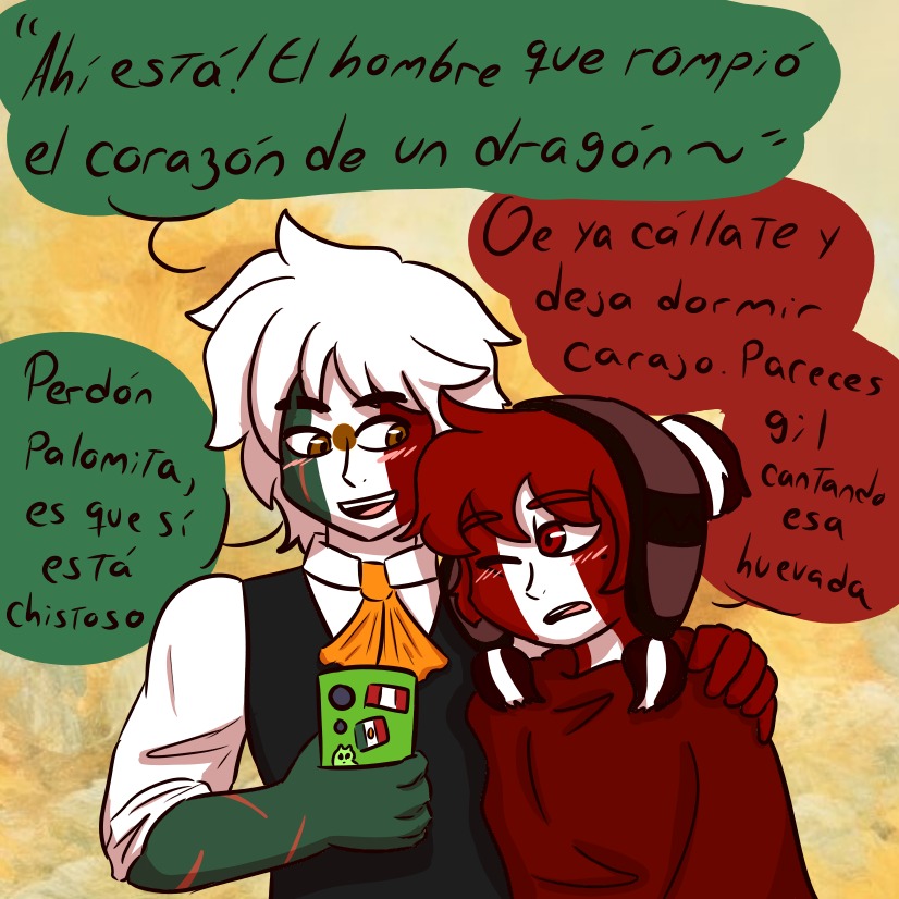 Nobodyu3u's tweet photo. Uno siempre vuelve dónde fue feliz╰(⸝⸝⸝´꒳`⸝⸝⸝)╯ ❤️💚
Los diseños de Perú y México pertenecen a @Eskatesai 🛐
#CountryHumans #Mexper #countryhumansmexico #CountryHumansPeru https://t.co/K5AQARD2l0