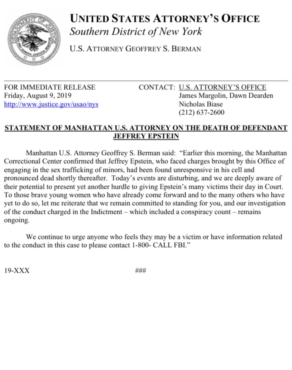 LibertyLockPod's tweet image. Couldn't believe this was real so I double checked the DOJ site. It's real. US attorney Berman announced Epstein's death with letterhead dated the day before he was found dead.

It gets weirder.

Bill Barr announced Berman's resignation less than a year later. Berman denied he…