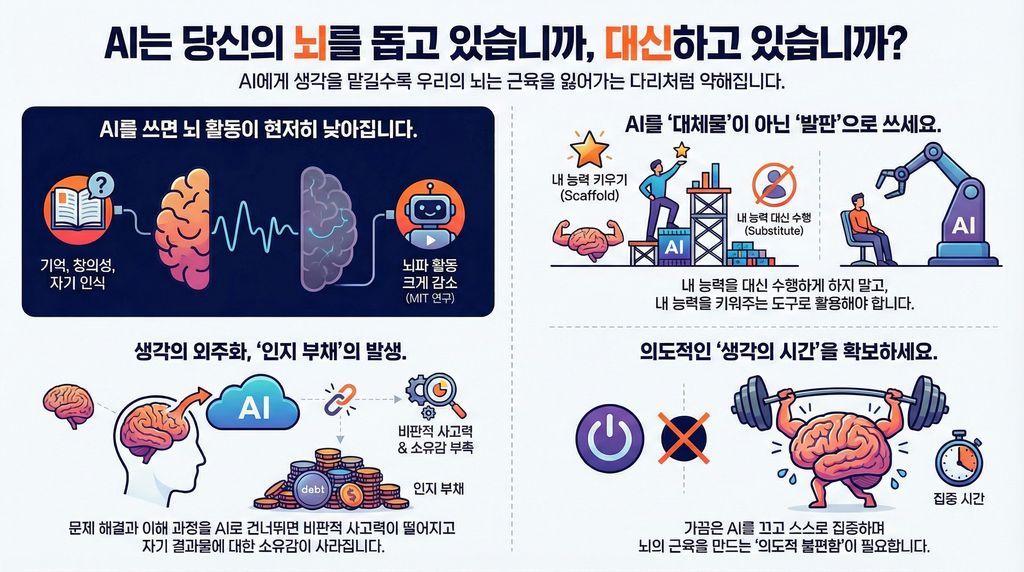 MIT에서 54명을 대상으로 4개월간 실험을 했다.

세 그룹으로 나눴다:
1) ChatGPT 사용 그룹
2) 검색 엔진만 사용 그룹
3) 아무 도구 없이 뇌만 사용 그룹

세 차례 에세이를 쓰게 하고, 뇌파(EEG)를 측정했다.

결과는? AI를 쓴 그룹은 기억, 창의성, 자기 인식과 관련된 뇌 영역의 활동이 현저히