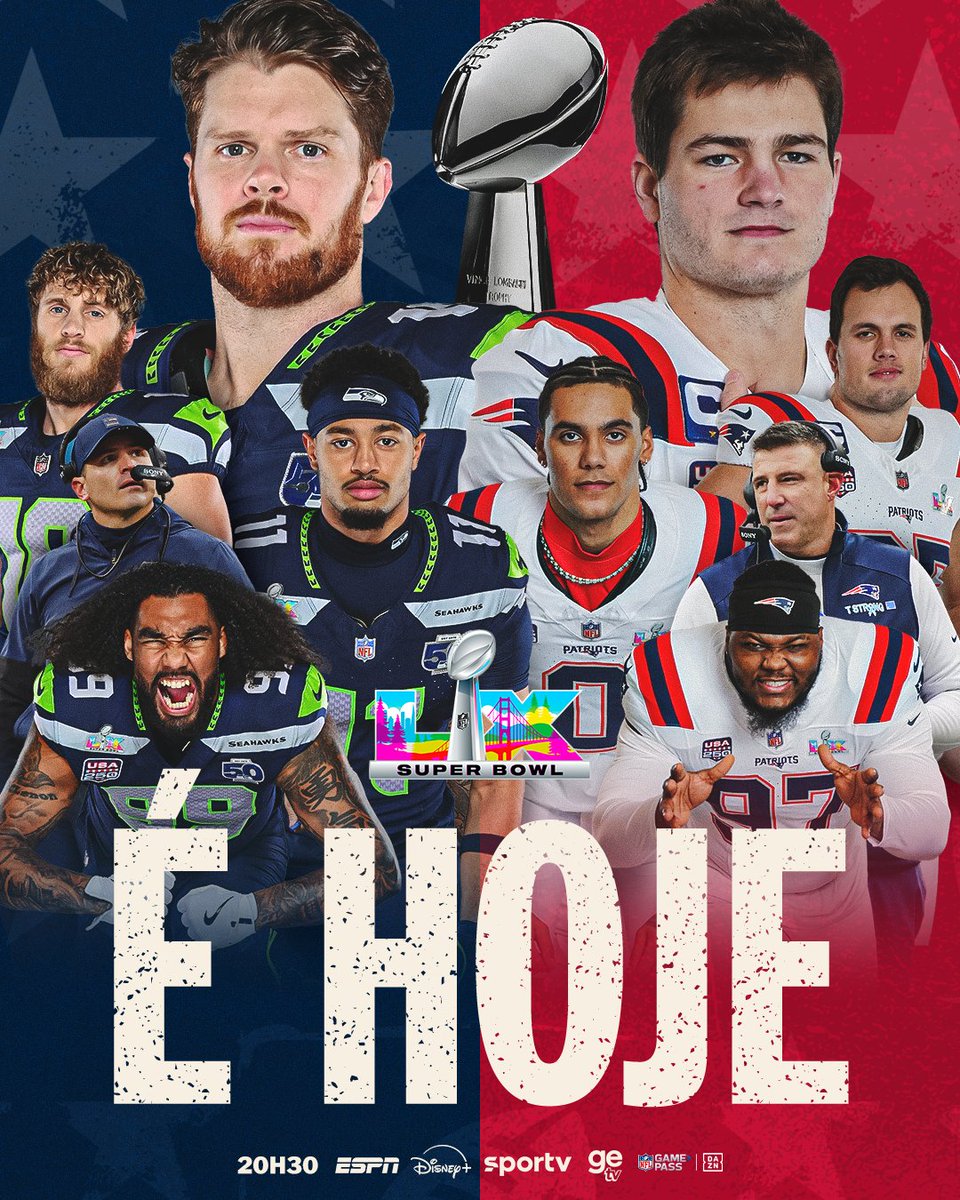 NFLBrasil's tweet photo. HOJE É O GRANDE DIA! DIA DE CONHECER O CAMPEÃO DO SUPER BOWL! 

SEAHAWKS OU PATRIOTS? QUEM LEVA O #SuperBowlLX https://t.co/j7dZQlIR9w