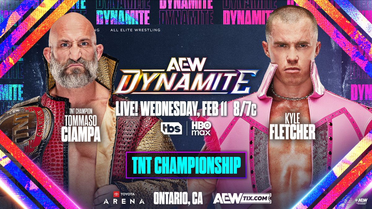 #AEWDynamite
LIVE, 8/7c on TBS + HBO Max
This Wednesday, 2/11!

TNT Championship
Tommaso Ciampa vs @KyleFletcherPro

Fletcher wants to walk into #AEWGrandSlam Australia as TNT Champion, but to get his "Hero’s Welcome," he'll have to defeat the "Psycho Killer," THIS WEDNESDAY!