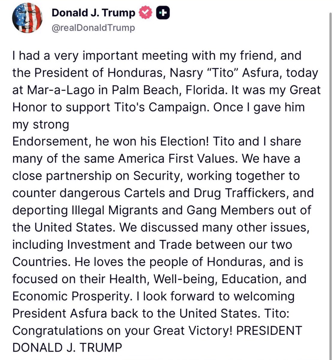 GuntherEagleman's tweet photo. 🚨 Huge win for America First diplomacy! President Trump hosts Honduras’ new leader Nasry “Tito” Asfura at Mar-a-Lago, celebrating the strong endorsement that helped Tito crush it in the election!

“Once I gave him my strong Endorsement, he won his Election!” https://t.co/pagdImk4ld