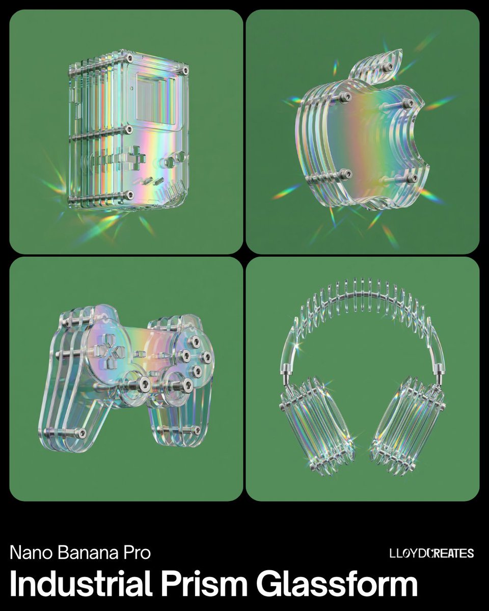 lloydcreates's tweet image. Nano Banana Pro
Industrial Prism Glassform

Prompt 👇

{
  "request": {
    "product": "[PRODUCT HERE]",
    "background_color": "#59925C",
    "style": "prismatic_industrial_minimalism",
    "visual_elements": {
      "structure": "multiple separate vertical acrylic layers