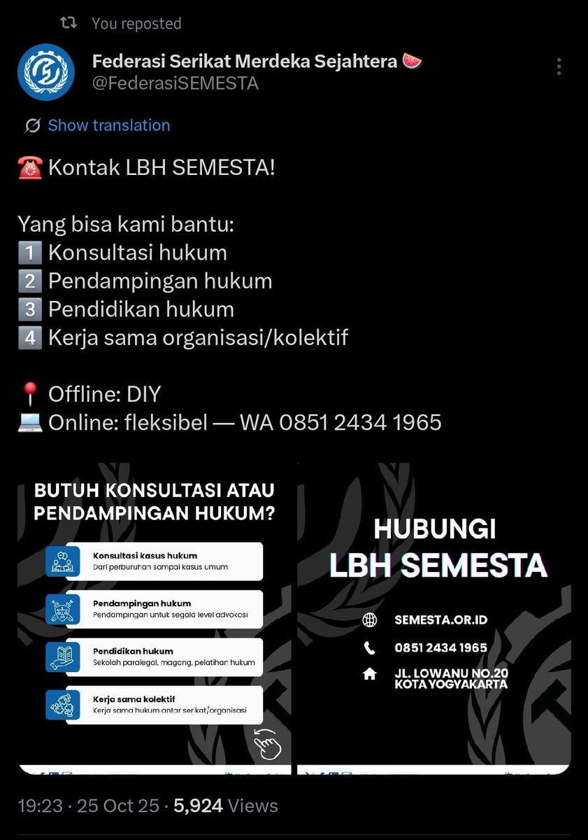 LBH Buruh sudah hadir, namanya LBH Semesta di Yogyakarta 😎🤘🏻