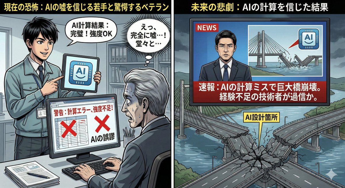 仕事で技術計算の方法がわからず、AIを使った若手が完全に嘘の結果が出ていることに気づかず、堂々と回答していたのを見て、AI社会の恐怖を感じた。いずれは「経験の浅い技術者がAIの強度計算を信じた結果、橋が崩壊した」みたいなニュースが出てきそう。