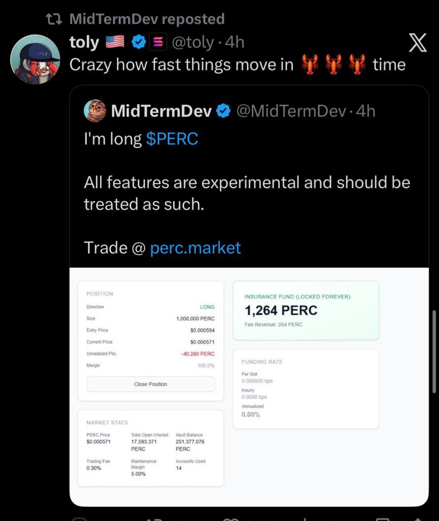 $PERC

ca:A16Gd8AfaPnG6rohE6iPFDf6mr9gk519d6aMUJAperc

chart:web3.okx.com/ul/13IBBmz?ref…

nfa-Toly's open source Percolator is a super fast on-chain perpetual contract platform. It uses "slab fragmentation" to disassemble the order book into many small pieces. Each small piece runs