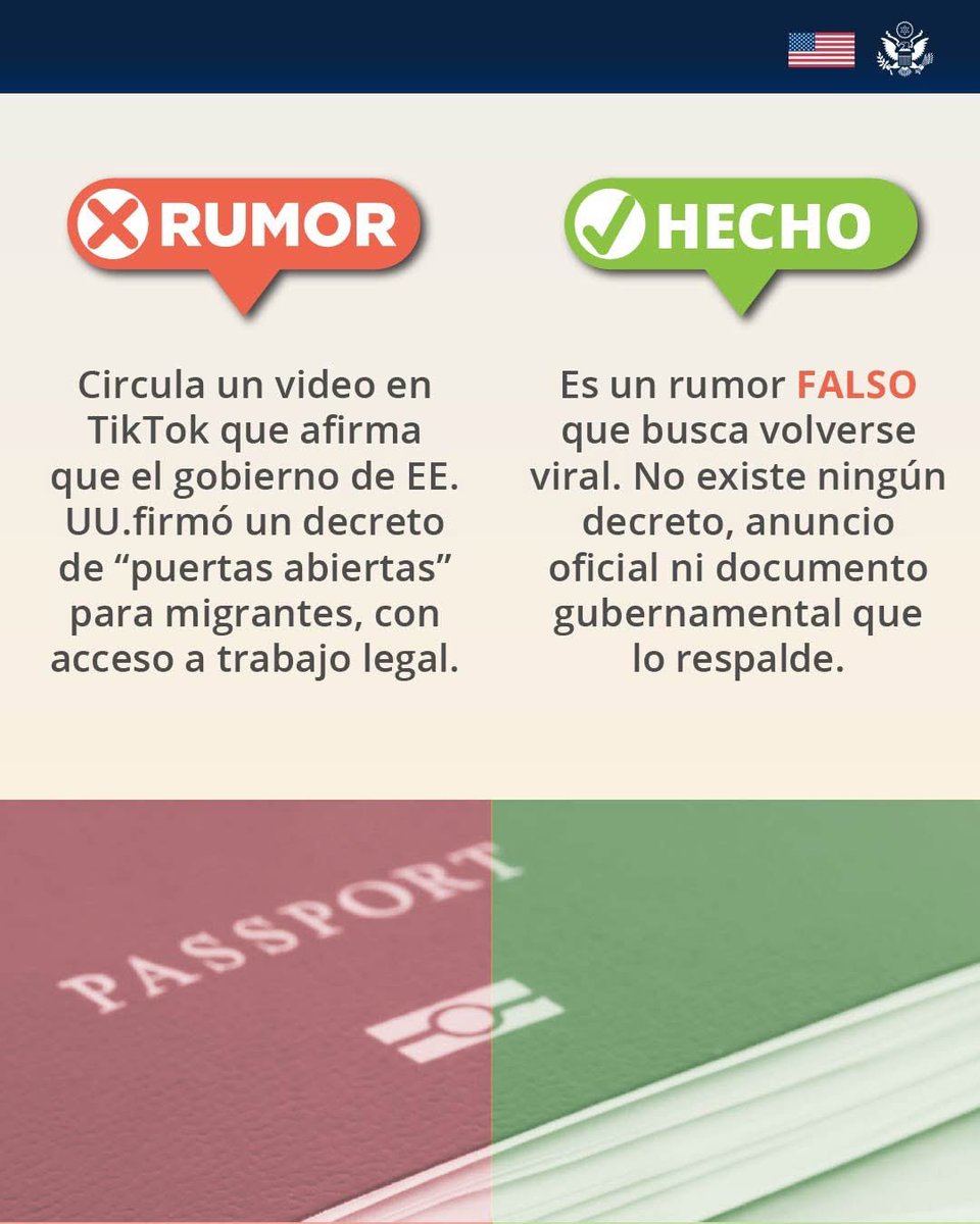 ⚠️ Información falsa en TikTok asegura que Estados Unidos aprobó un “decreto histórico” de puertas abiertas para migrantes, incluyendo acceso automático a trabajo legal. 
🚩¡Nada de eso es real! No existe ningún anuncio oficial ni documento del gobierno que respalde tal