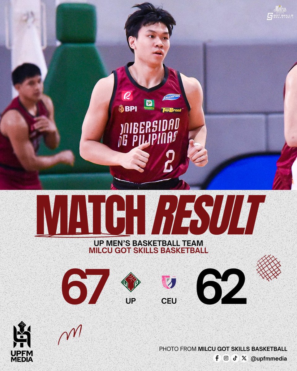 GOT THAT SEMIS SLOT 🔥

Behind Elliot Dimaculangan’s hot shooting, <a href="/upmbt/">UP Fighting Maroons</a> beats CEU in the MilcuGot Skills Basketball Quarterfinal, 67-62! 🏀 Congratulations, boys! 💚❤️

#UPFight✊🏼 #StrongerWithAllSports💪🏼
