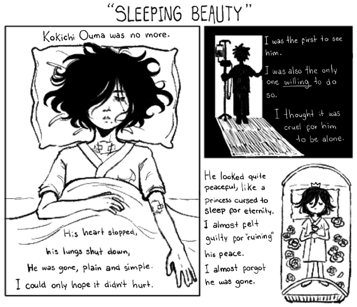 "SLEEPING BEAUTY" - 1/3
a mini "what if" comic in which kokichi does die after the simulation due to health complications or something like that
#oumota #drv3 #danganronpa