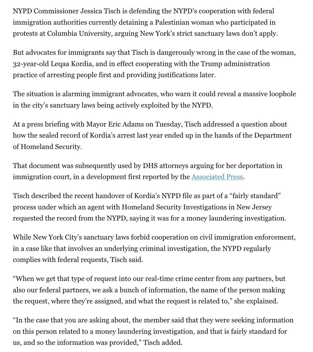 "I solemnly marked my 33rd birthday in detention. Like most people my  age, I have many dreams and goals. But more than anything, I long for my  freedom, to return to my mother’s warm embrace and to help her care for  my younger brother"

<a href="/NYCMayor/">Mayor Zohran Kwame Mamdani</a> silent. His commissioner