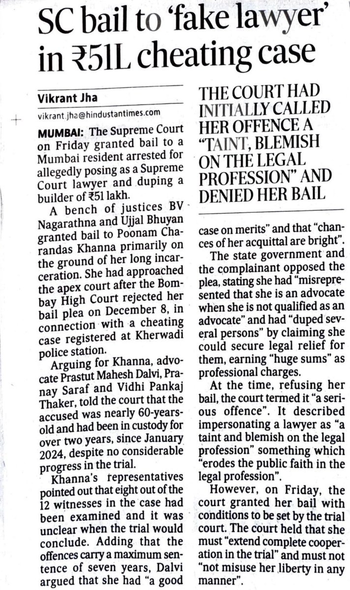 SC grants bail to ‘fake lawyer’ who duped builder of ₹51 Lakh <a href="/htTweets/">Hindustan Times</a>