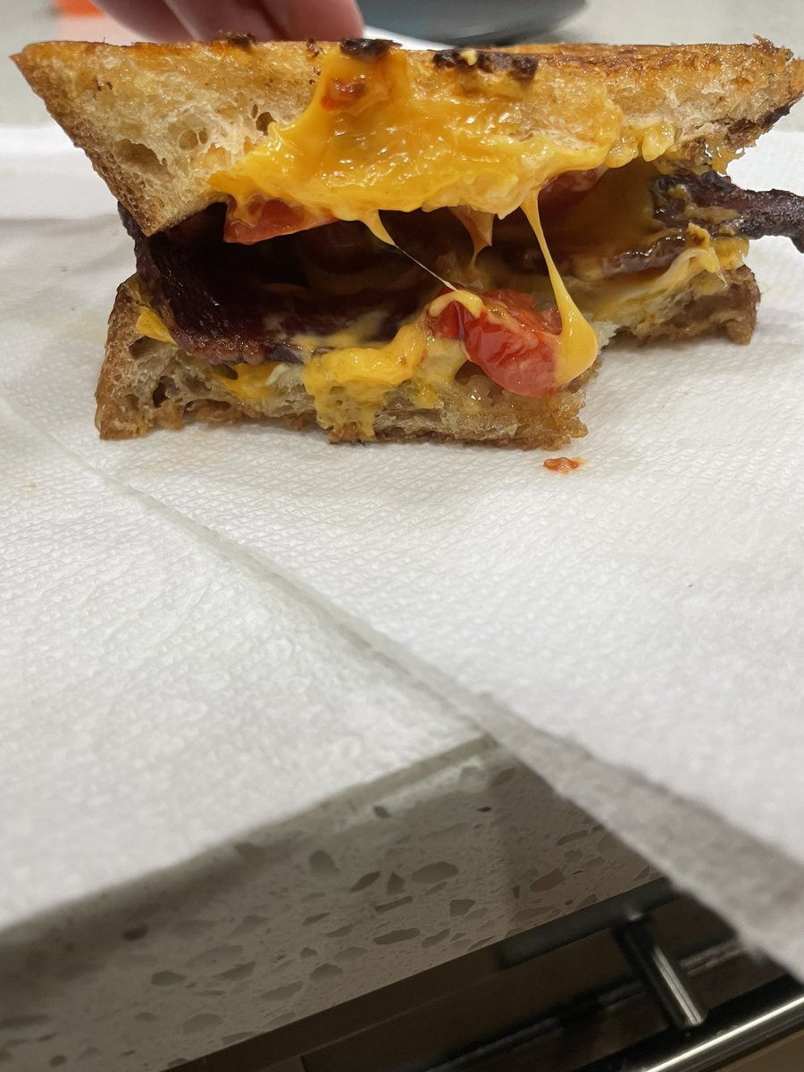 Made a killer grilled bacon cheese and tomato sandwich on sourdough slow and low in the cast iron . Perfect on the outside and the tomatoes and cheese are still so hot can barley eat it after 15 min.Real sourdough hits perfect in this sandwich after being grilled with lots of 🧈