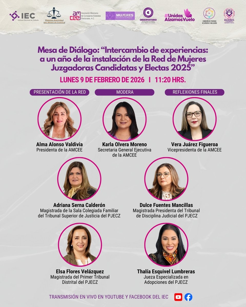 IEC_Coahuila's tweet photo. No te pierdas la mesa de diálogo 🗨️ en la que mujeres juzgadoras del @PJCoah intercambiarán experiencias sobre la 👩‍⚖️ Red de Mujeres Juzgadoras Candidatas y Electas 2025. Participan integrantes de la @AMCEE_Mx. ¡Sigue la transmisión en vivo! Más información aquí. 👇 https://t.co/VXJGvGxJ15