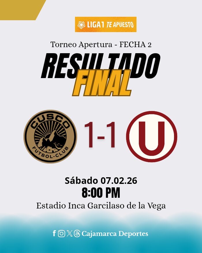 CajamarcaDepo08's tweet photo. ¡FINAL DEL PARTIDO EN EL CUSCO! ⚽🤝

Cusco FC y Universitario igualaron 1-1 por la fecha 2 del Torneo Apertura, en el Estadio Inca Garcilaso de la Vega.

Los goles fueron de Alex Valera (UNI) y Facundo Callejos (CUS)

#Liga1TeApuesto https://t.co/8kdQzFCFv4