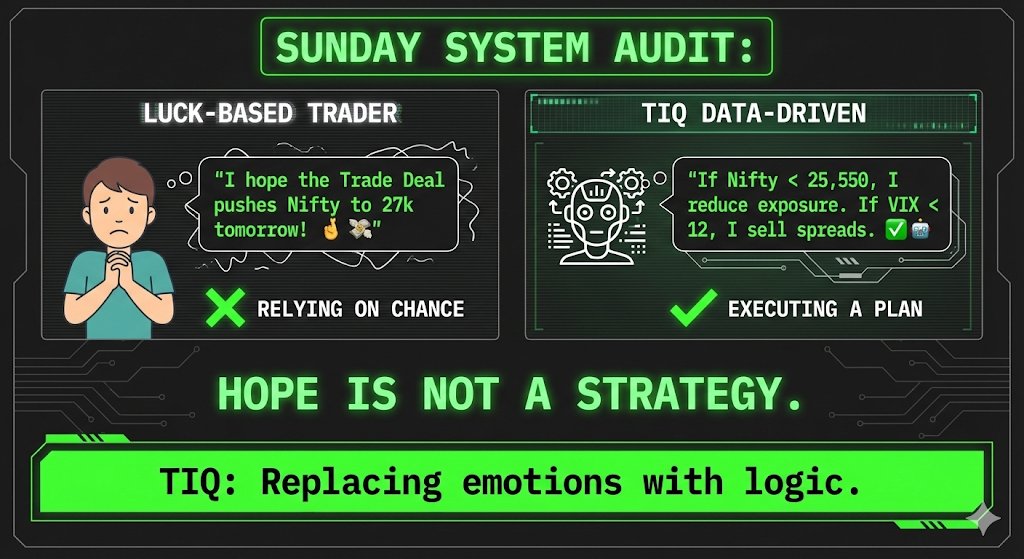 12345_12A's tweet image. The Budget is done. The RBI is done. The "US-India Trade Deal" relief rally is in the price. Most traders are expecting another 1,000-point move. Smart traders are preparing for a "Range-Bound" trap. Here is the TIQ plan for Monday. 🧵👇 #Nifty50 #TradingLogic #TIQ