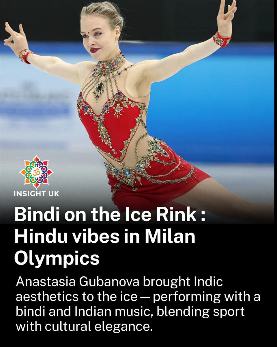 INSIGHTUK2's tweet photo. Bindi on the ice rink! Georgian figure skater Anastasiia Gubanova brought stunning Hindu vibes to the Milano Cortina 2026 Olympics.

Rocking a radiant red costume, traditional bindi, intricate jewelry, and performing to Indian music - she blended athletic grace with cultural elegance on the world stage.

The bindi worn on the forehead between the eyebrows, symbolizing the ajna chakra (third eye) for wisdom, intuition, and often marital status is a core element of Hindu traditions.

A beautiful fusion of sport and heritage that lit up Milan! 🔥🙏 

Are you mesmerized? Let us know in the comments.

#FigureSkating #MilanoCortina2026 #Olympics #IndianVibes #BindiOnIce #AnastasiiaGubanova