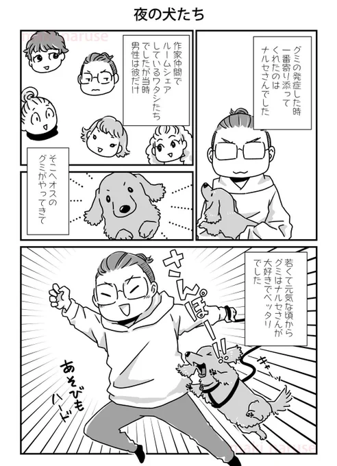 【再掲】「夜の犬たち」(1/2)

元気な頃のグミの定位置は仕事机にむかうナルセさんと私の間でした。それぞれの様子も見え、尚且つリビングの様子もわかるまさに家の守護神のようでした。 