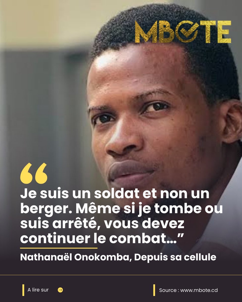 #RDC : Depuis la prison militaire de Ndolo, où il est détenu, Nathanaël Onokomba a adressé un message fort à la jeunesse extra-système congolaise, l’appelant à rester debout et déterminée, malgré les pressions et les intimidations. ☞ zurl.co/kVchD