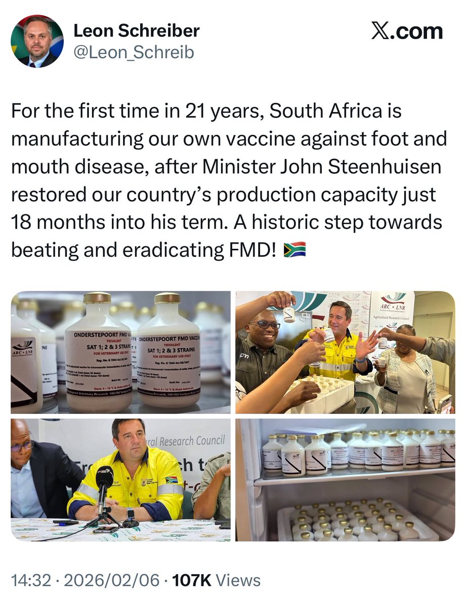 BiancavanWyk16's tweet image. Ahem … what the DA and the Minister actually meant to say is … 

After YEARS of research and investment,  starting in 2006, the Agricultural Research Council’s  (ARC) scientists have completed South Africa’s first locally produced Foot and Mouth Disease (FMF) vaccine batch.…