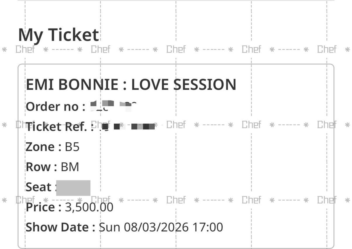 Chefdottt's tweet image. WTS  
08 Mar. วันอาทิตย์

Zone 
B5 BMxx (1 ใบ) 3,500 + ค่าธรรมเนียม
C1  CFxx (1 ใบ) 3,000 + ค่าธรรมเนียม

สนใจDMสอบถามได้ค่ะะ
 #EmiBonnieLoveSession 
#EmiBonnie