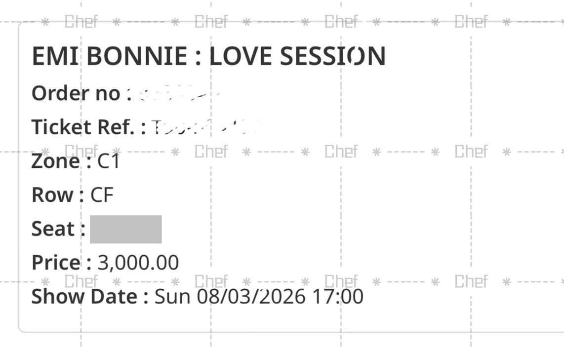 Chefdottt's tweet image. WTS  
08 Mar. วันอาทิตย์

Zone 
B5 BMxx (1 ใบ) 3,500 + ค่าธรรมเนียม
C1  CFxx (1 ใบ) 3,000 + ค่าธรรมเนียม

สนใจDMสอบถามได้ค่ะะ
 #EmiBonnieLoveSession 
#EmiBonnie