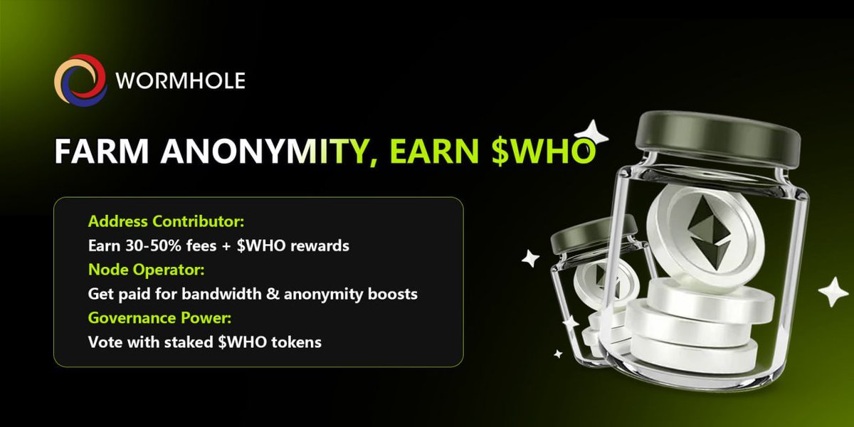 🔠 Step into the Wormhole!
Turn idle wallets into income streams—farm privacy, earn $WHO, and help steer the protocol.

🔠 30–50% fee share
🔠 Bandwidth &amp; anonymity rewards
🔠Vote with $WHO governance power

🌈Ready to power true on-chain privacy?
 #Web3 #Crypto #Anonymity