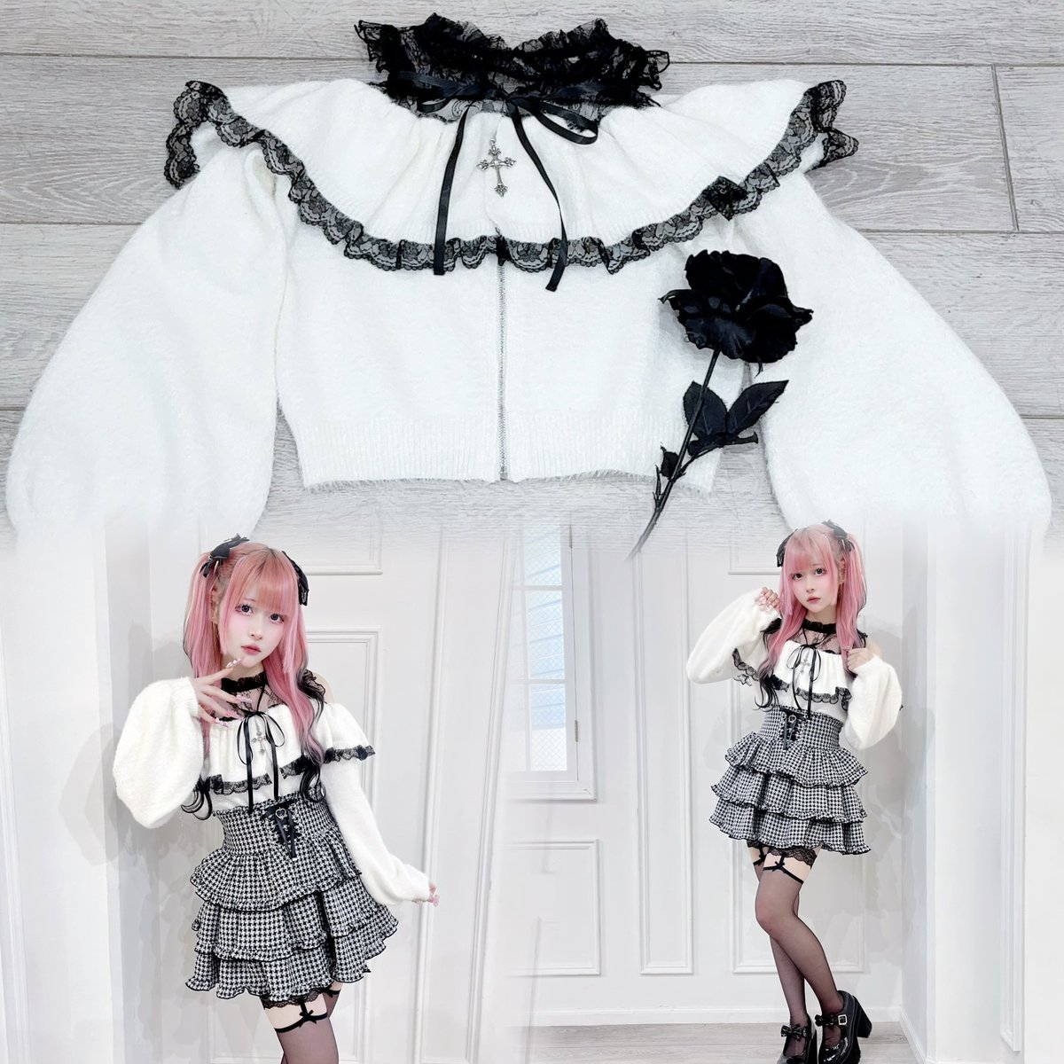 𝓟𝓲𝓬𝓴 𝓾𝓹🩶 . ふんわり白ニットにブラックレースを重ねた、 甘