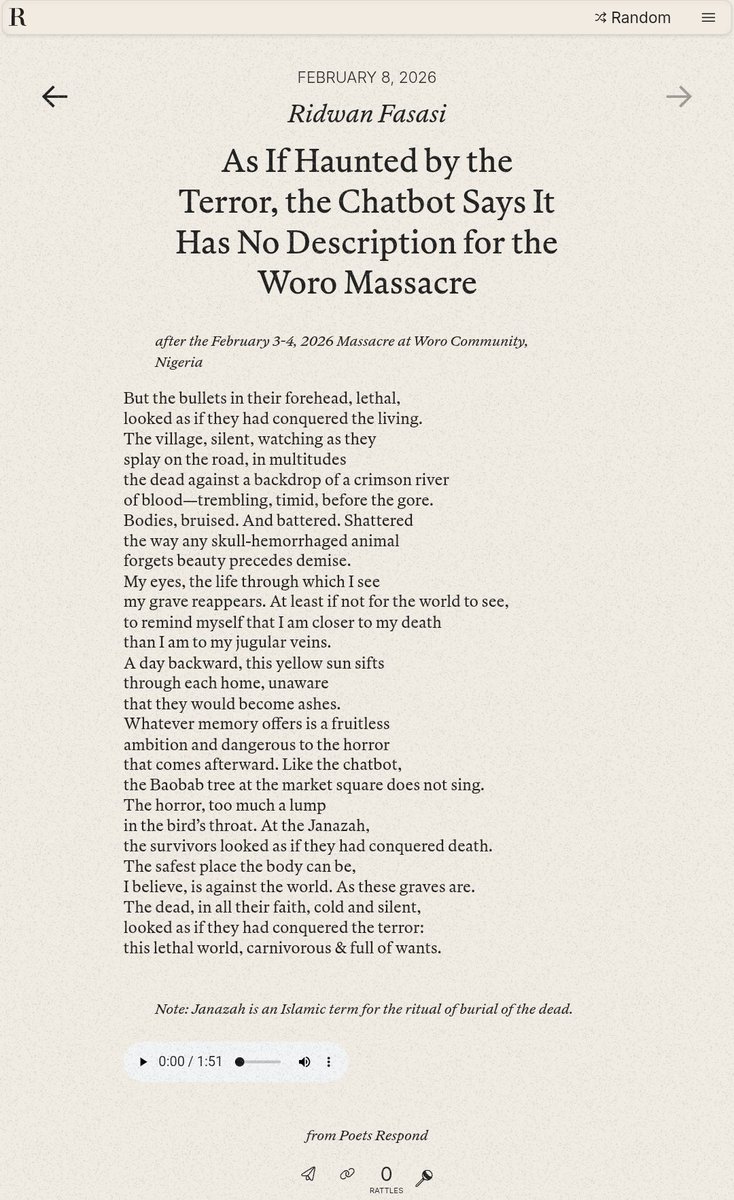 I have a new poem on <a href="/RattlePoetry/">Rattle</a>: rattle.com

This poem is in response to the gruesome massacre of over 200 people in a community in my local government some days ago. Feb. 3rd is a day I can't get off my head. Such a bad day.