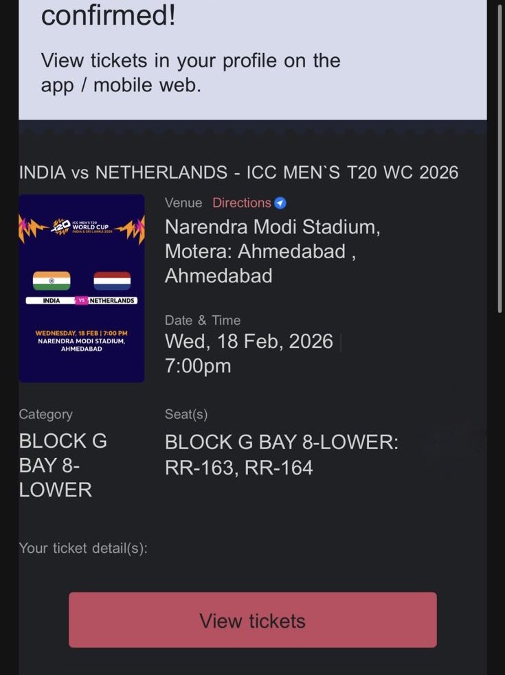 rudrooi12's tweet photo. INDIA VS NETHERLANDS- ICC MEN’S T20WC 2026 
2 tickets 🎫 available 
RR -163/164 side by side reasonable price 
5k for both ( 2.5k) each Dm for more info
#T20WorldCup2026 #indiavsnetherlands
#IndiaCricket #tickets #T20WC2026 #T20WorldCup #Narendramodistadium #icct20worldcup2026 https://t.co/3PyKcIWuaQ