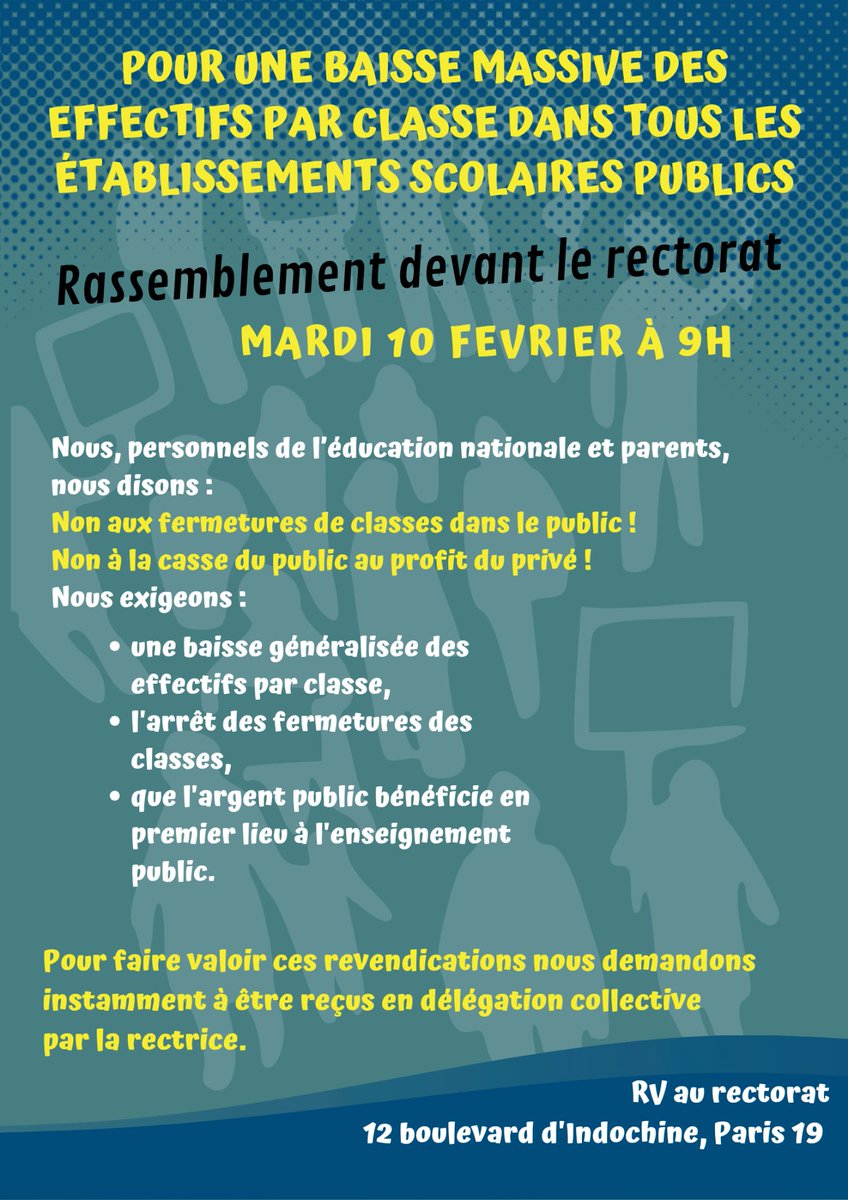 A Paris, un collectif regroupe plus de 25 établissements et des dizaines de sections locales de parents d’élèves. Plusieurs AG ont décidé la grève mardi 10 février et d’aller au rectorat avec leur cahier de revendications et le soutien des parents.