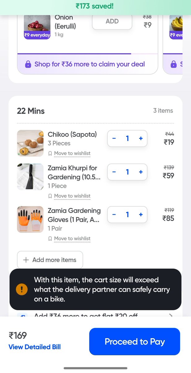 _pikachu_007's tweet photo. So apparently I can't order a pair of  gardening gloves and khurpi together in Swiggy as this will increase load on partner 
@instamart_it can you please explain the rationale behind it ? https://t.co/bkpWl2aBvU