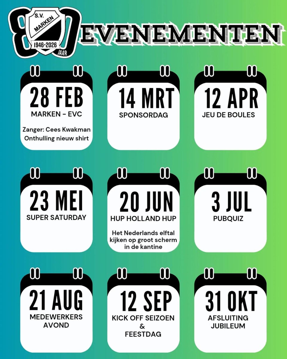 Sportvereniging Marken tachtig jaar
👉 Jubileum evenementenkalender 👈
markernieuws.com/2026/20847.htm #Marken #SVMarken #80jaar #jubileum #evenementenkalender