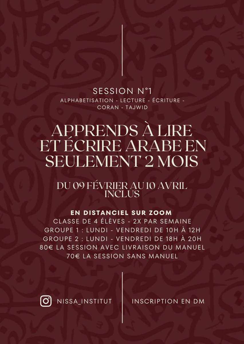 Nissaatlh's tweet photo. Si tu veux apprendre à lire et écrire arabe en seulement 2 mois pour pas cher, c’est possible et ça commence ce lundi inshaAllah ! 

Il ne reste plus beaucoup de places ! 🥰 https://t.co/afe7eopy4e