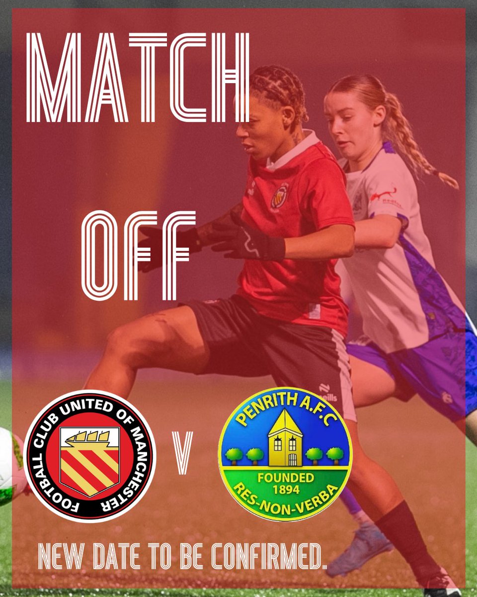 FCUnitedWomen's tweet photo. ‼️UPDATE‼️

Unfortunately, today’s cup fixture vs Penrith has been postponed due to a waterlogged pitch 🌧️

We’ll share the new date as soon as it’s confirmed — but for now, it’s back to training tomorrow and full focus on the next game. 

#FCUMW
🔴⚪️⚫️ https://t.co/g8Ei0oYeKP