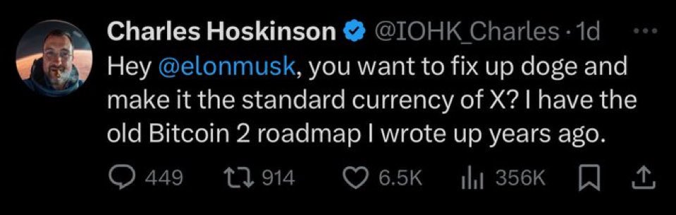 Cardano Founder, Charles Hoskinson wants to work with Elon Musk to make Dogecoin the currency of 𝕏.

About time.