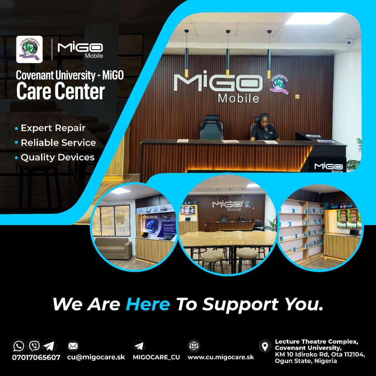 Fix it. Upgrade it. Love it. 💙📱

At Covenant University – MiGO Care Center, your gadgets get expert care you can trust.

From repairs to quality devices, we have got you covered — fast, reliable, stress-free.

Walk in today and let’s bring your device back to life ✨