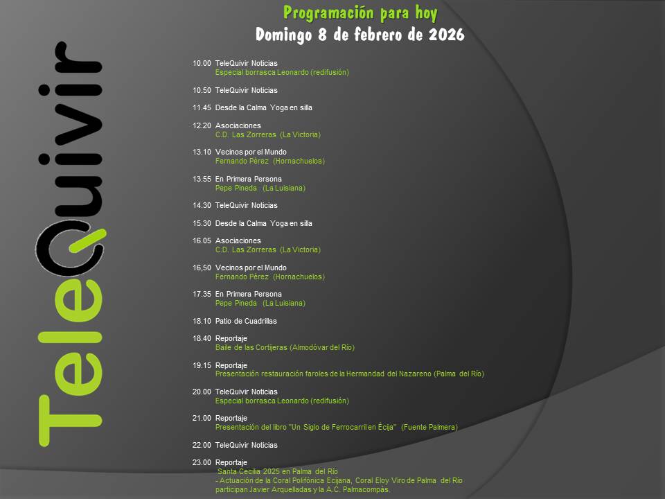 Programación para hoy 8 de febrero en TeleQuivir.
Recuerda que puedes ver la televisión de la comarca en abierto en la TDT HD, y si vives fuera de ella, online en nuestros canales de Youtube y Twitch. ¡Suscríbite!
youtube.com/@telequivir/li…
twitch.tv/telequivir