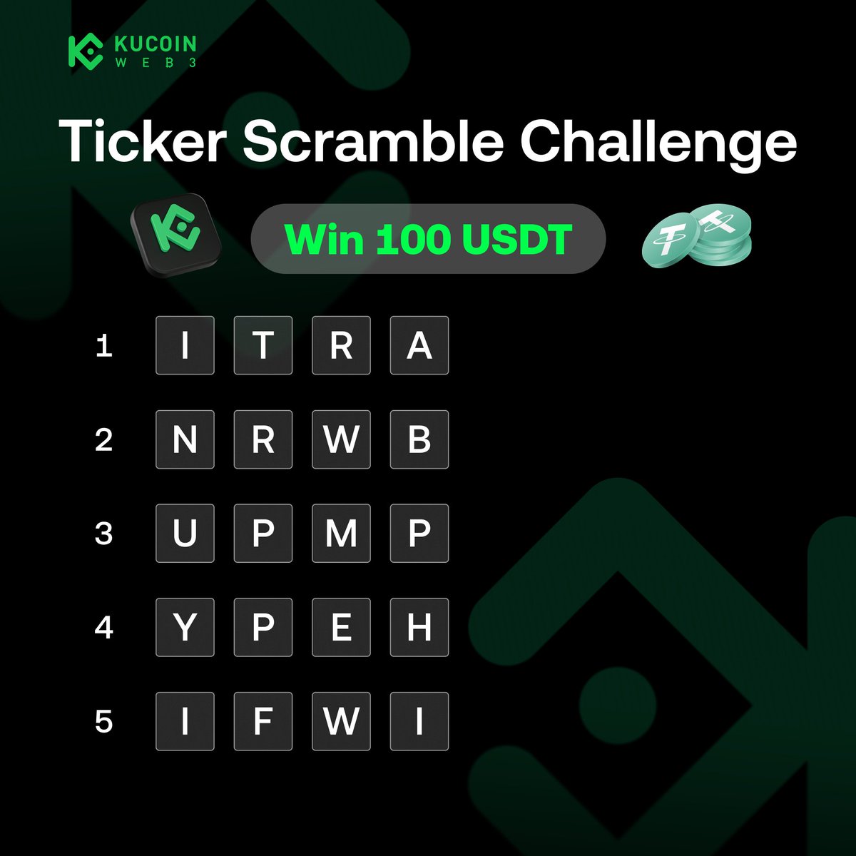🧩 Unscramble these 5 tickers.

10 winners. ⏰ 48H

Follow <a href="/KuCoin_Web3/">KuCoin Web3 Wallet</a>

Reply your answers + your KuCoin Web3 Wallet EVM address to qualify
