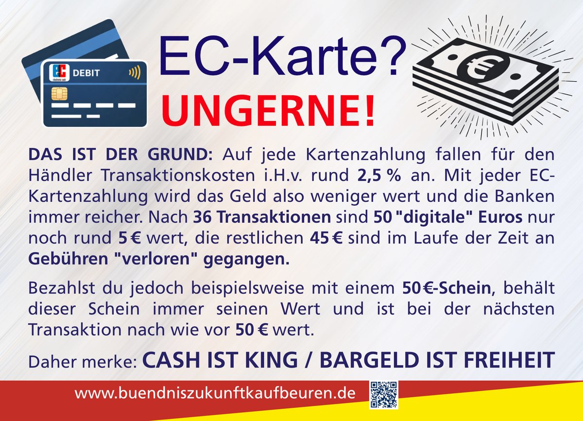 Bargeld ist gedruckte Freiheit! Als #BündnisZukunftKaufbeuren haben wir die Aktion "Kaufbeuren zahlt bar!" ins Leben gerufen, denn jeder kann mit einem Klick wichtige Petitionen zum Erhalt des Bargelds unterstützen! #Bargelderhalten!