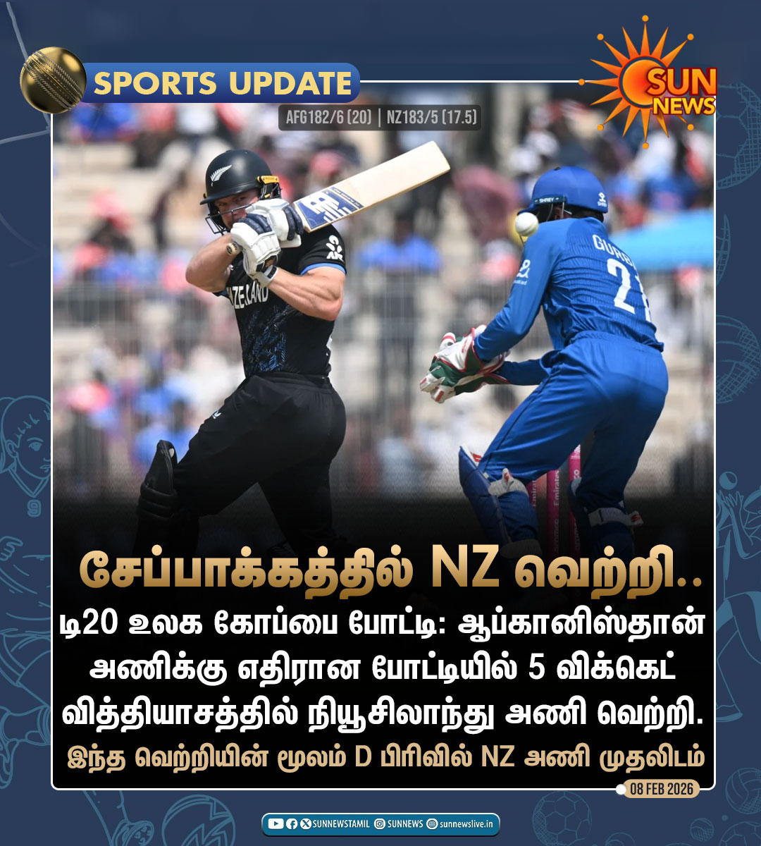 sunnewstamil's tweet image. #SportsUpdate | ஆப்கானிஸ்தான் அணியை வீழ்த்தியது நியூசிலாந்து

#SunNews | #AFGvNZ | #T20WorldCup2026